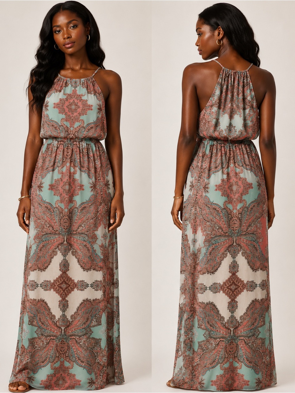 Boho Halter Maxi Dress in Mint and Rust